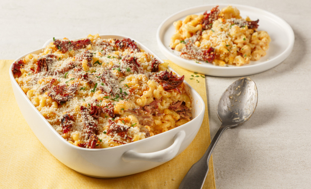 Macaroni au fromage au veau effiloché barbecue
